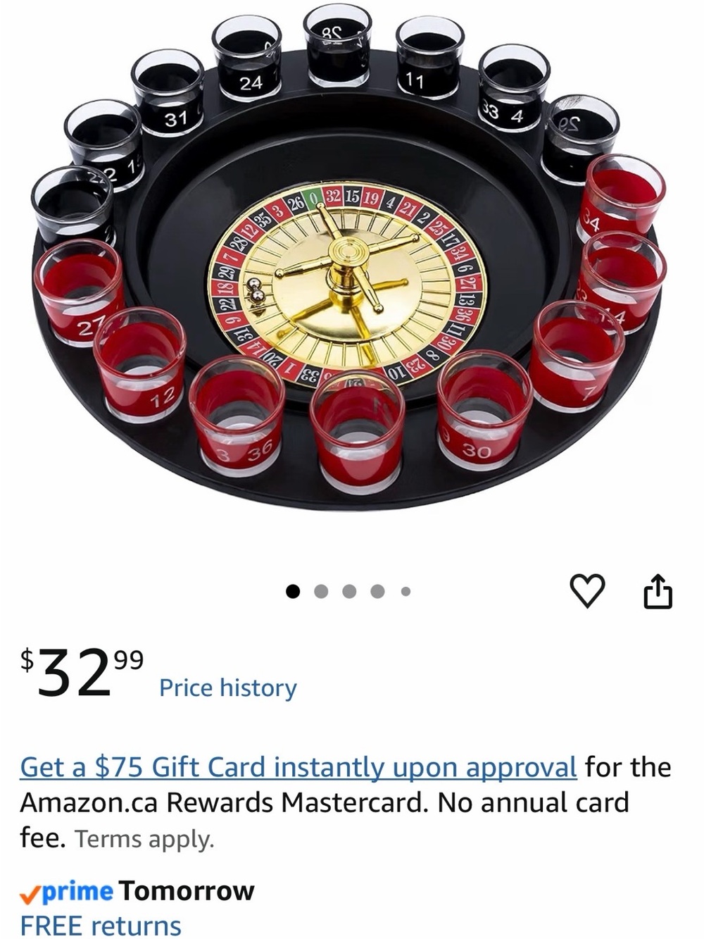 Roulette Shot Glass Drinking Game Set - Red and Black
